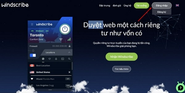 Đăng ký tài khoản mới trên trang web chính thức của Windscribe